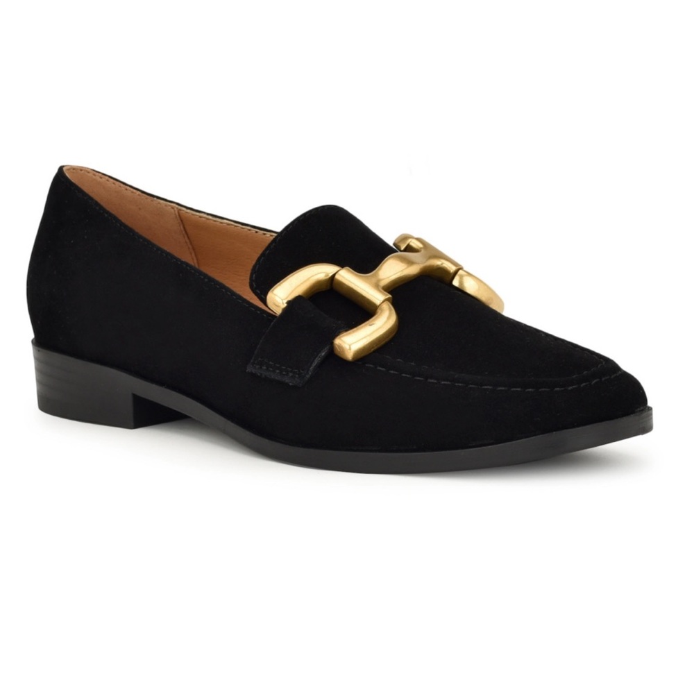 Nine West Black Suede Loafers with Gold Hardware